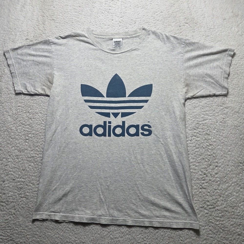 Vintage 90s Adidas Big Logo T-Shirt size Medium Made In USA Distressed Holes